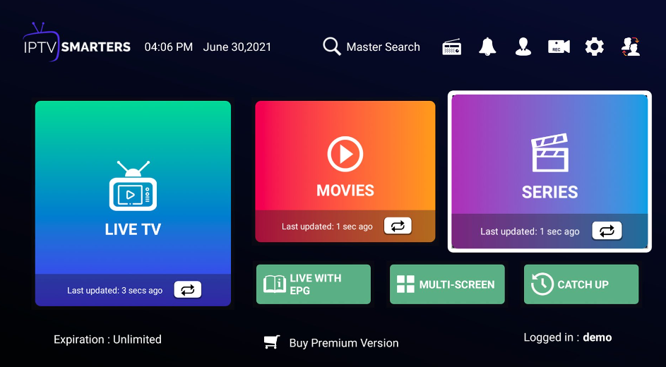 Interface IPTV Smarters affichée sur une Smart TV
